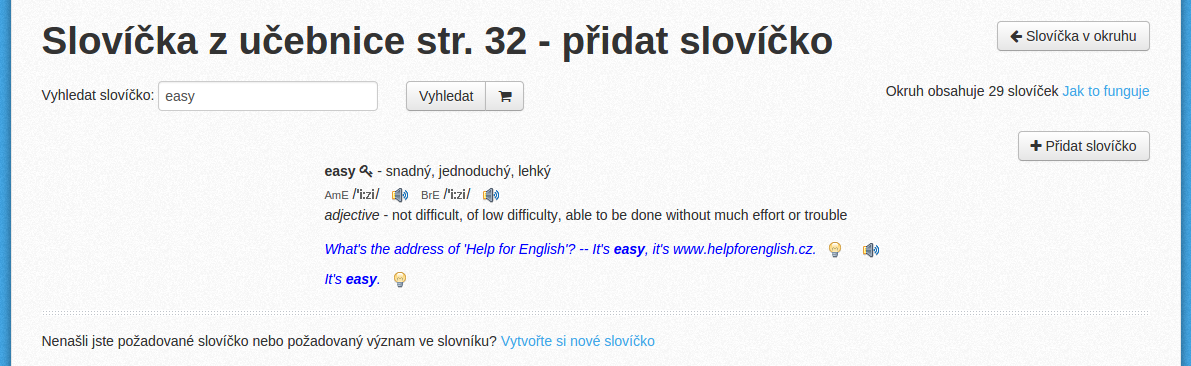 Přidání slovíčka do okruhu