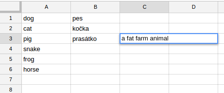 Příklad slovíček zapsaných v tabulkovém procesoru